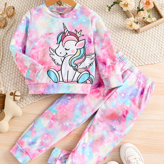 Girl's Tie Dye Unicorn Print 2pcs Set for Spring Fall