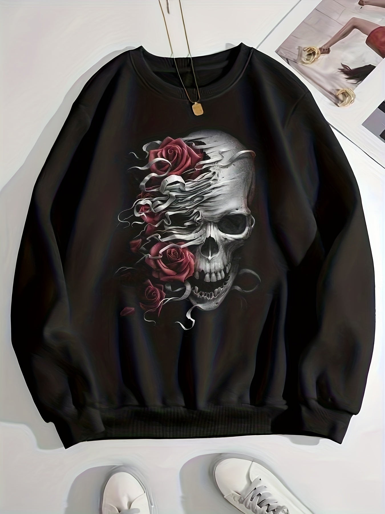 Skull Print Pullover Sweatshirt for Women