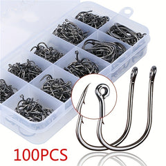 100pcs High Carbon Steel Barbed Fish Hooks Set with Hole in Tackle Box