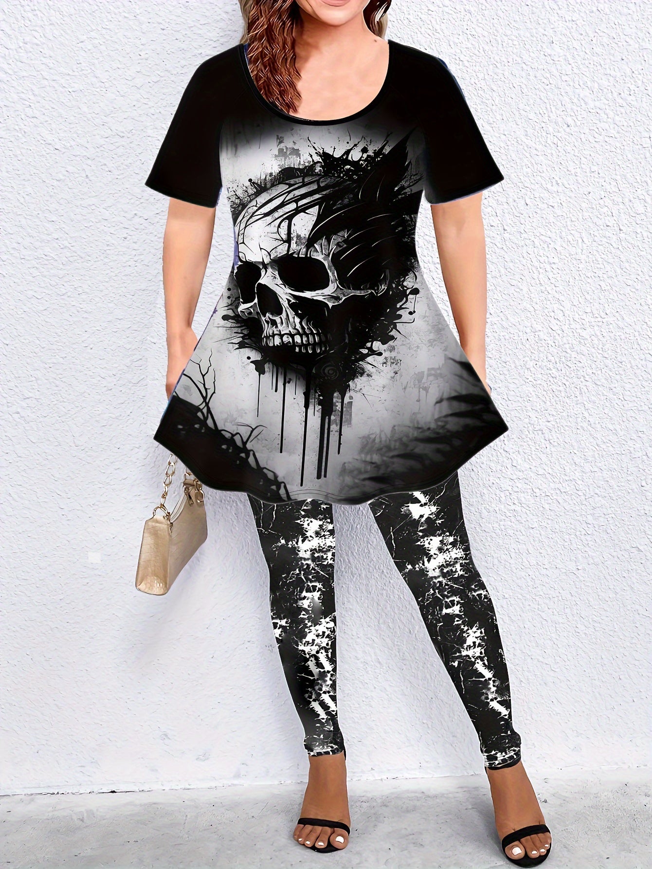 Gothic Halloween Outfit: Skull Print Top & Tie Dye Leggings Set