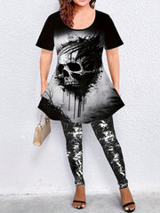 Gothic Halloween Outfit: Skull Print Top & Tie Dye Leggings Set