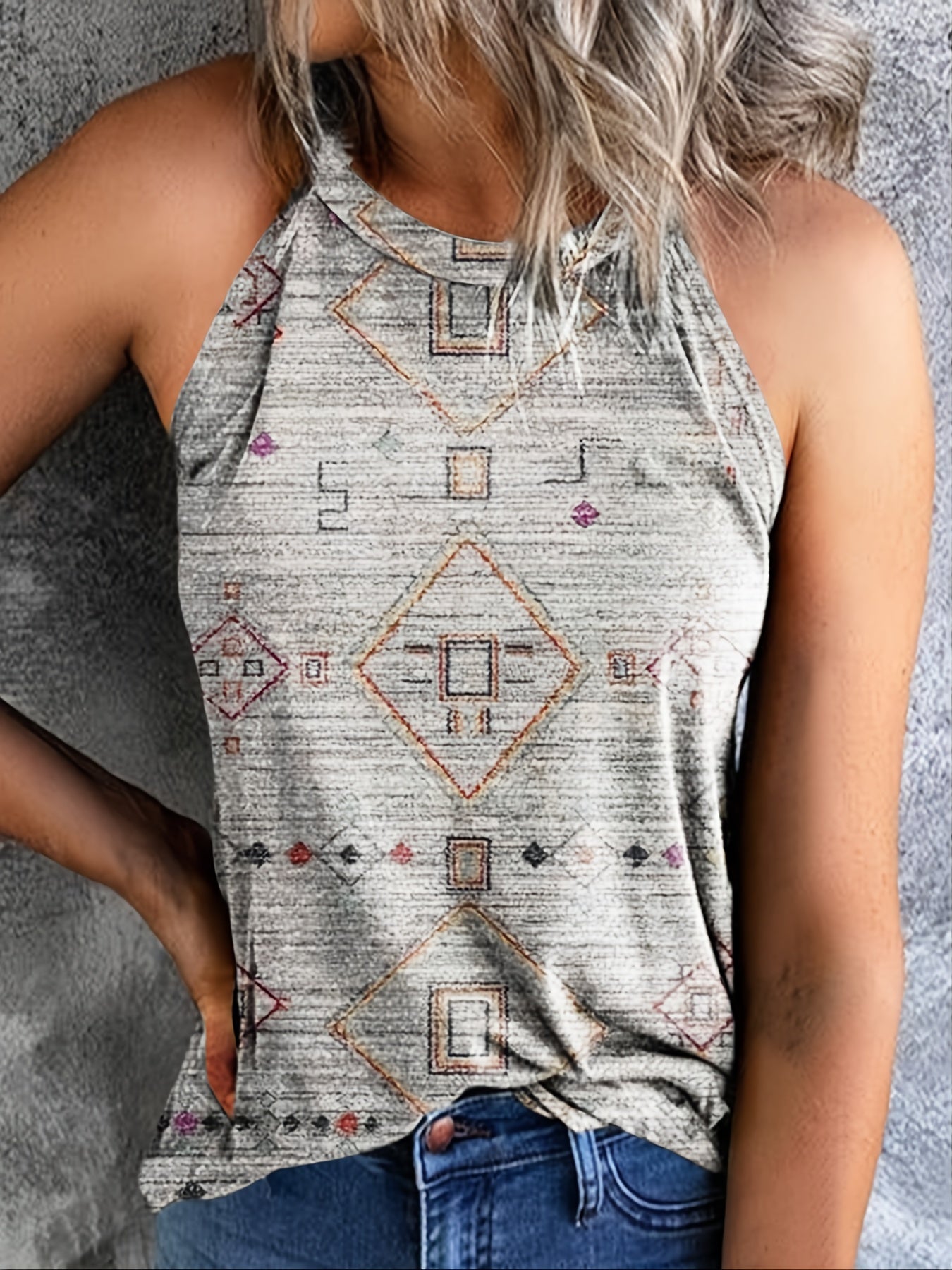 Geo Pattern Halter Vest Sleeveless Casual Top for Women