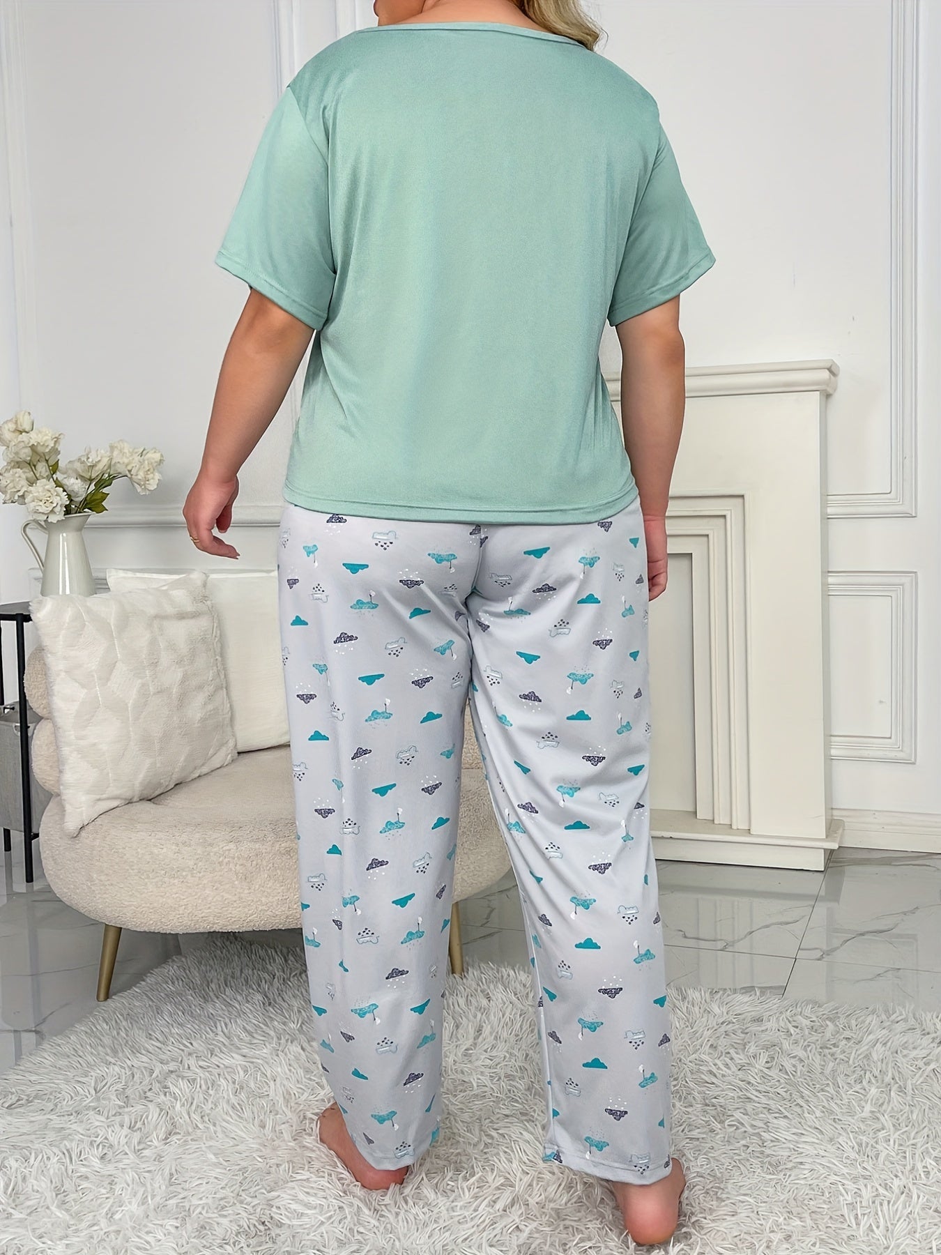 Cartoon Clouds Print Tee & Pants Pajama Set