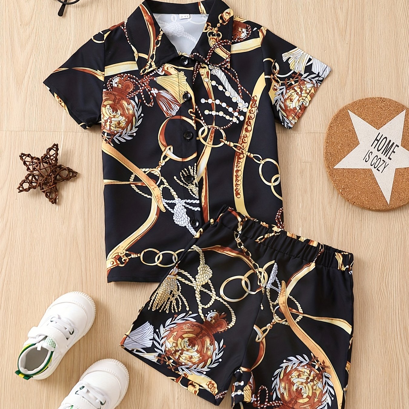 Boys 2pcs Metal Chain Print Outfit Short Sleeves Button Down Shirt & Shorts