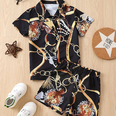 Boys 2pcs Metal Chain Print Outfit Short Sleeves Button Down Shirt & Shorts