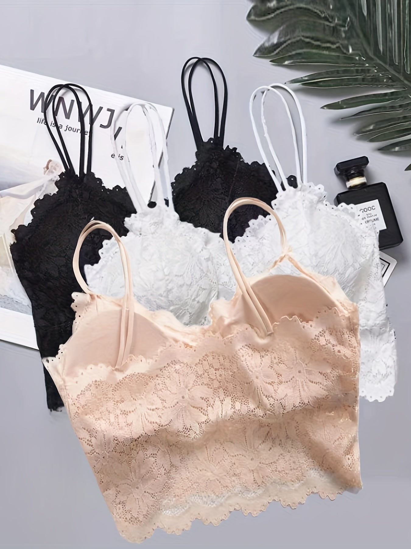 3pcs Floral Lace Cami Tops V Neck Scallop Trim Top Women's Lingerie
