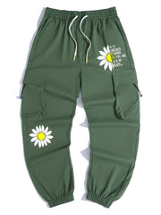 Men s Casual Flowers Print Drawstring Cargo Pants