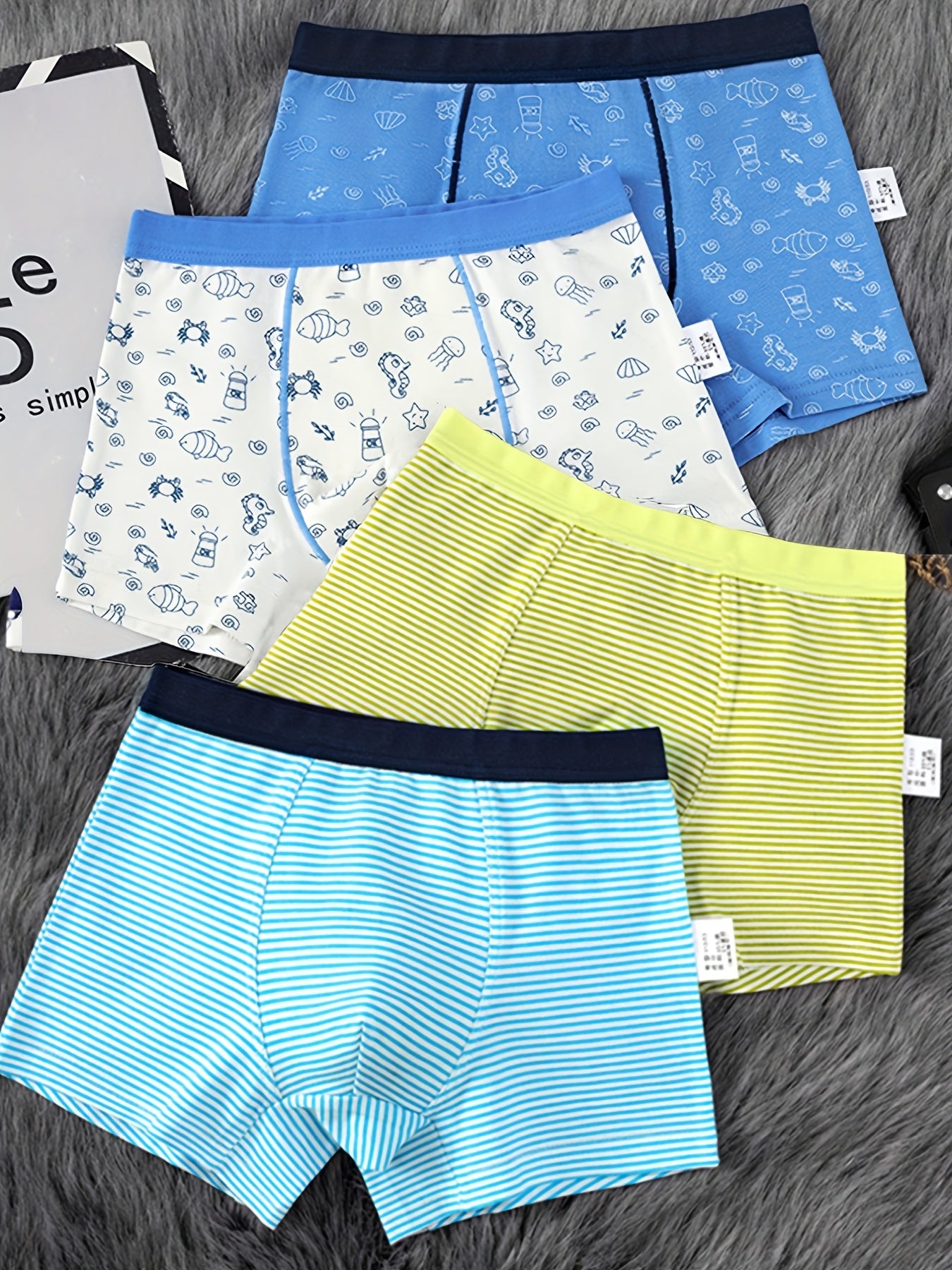4pcs Boys Boxer Briefs Cotton Breathable Kids Panties Cartoon Striped Underwear