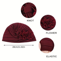 Double Flower Ruffles Turban Cap Solid Pleated Bonnet Head Wrap