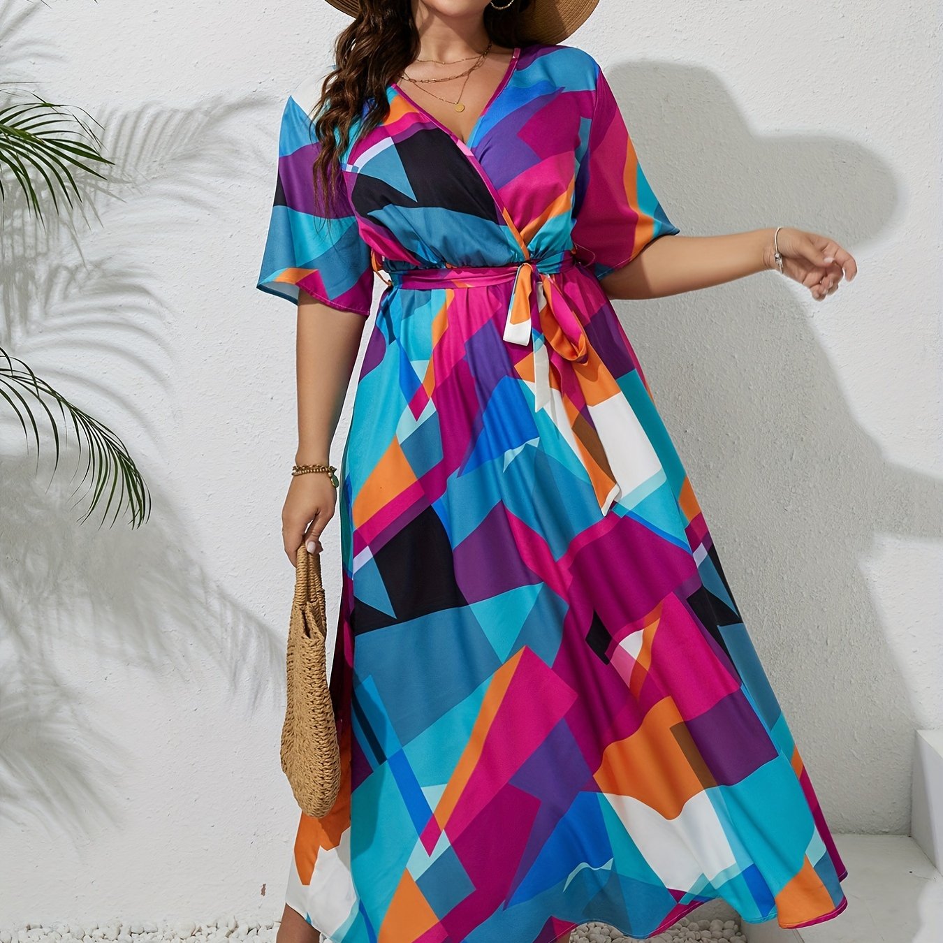 Casual Colorblock Geometric Print Maxi Dress With Belt