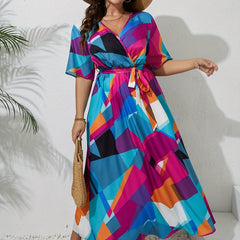 Casual Colorblock Geometric Print Maxi Dress With Belt