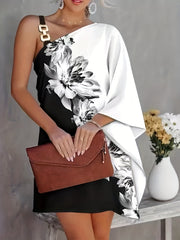 Colorblock One Shoulder Bat Sleeve Chain Dress