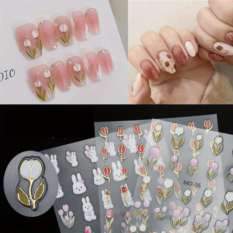5D Tulip Flower Nail Stickers French Embossed Self Adhesive Heart Nail Art Decal