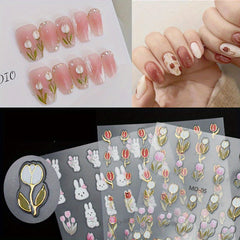 5D Tulip Flower Nail Stickers French Embossed Self Adhesive Heart Nail Art Decal