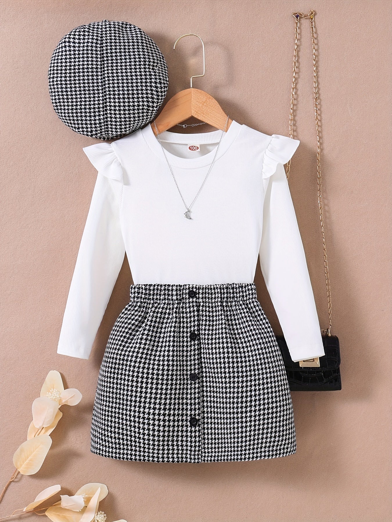 Girls 3pcs Ribbed Top Skirt & Hat Set Houndstooth Print Ruffle Top Kids Clothes