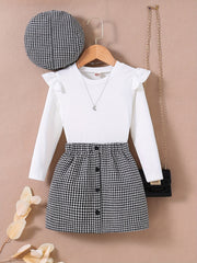 Girls 3pcs Ribbed Top Skirt & Hat Set Houndstooth Print Ruffle Top Kids Clothes