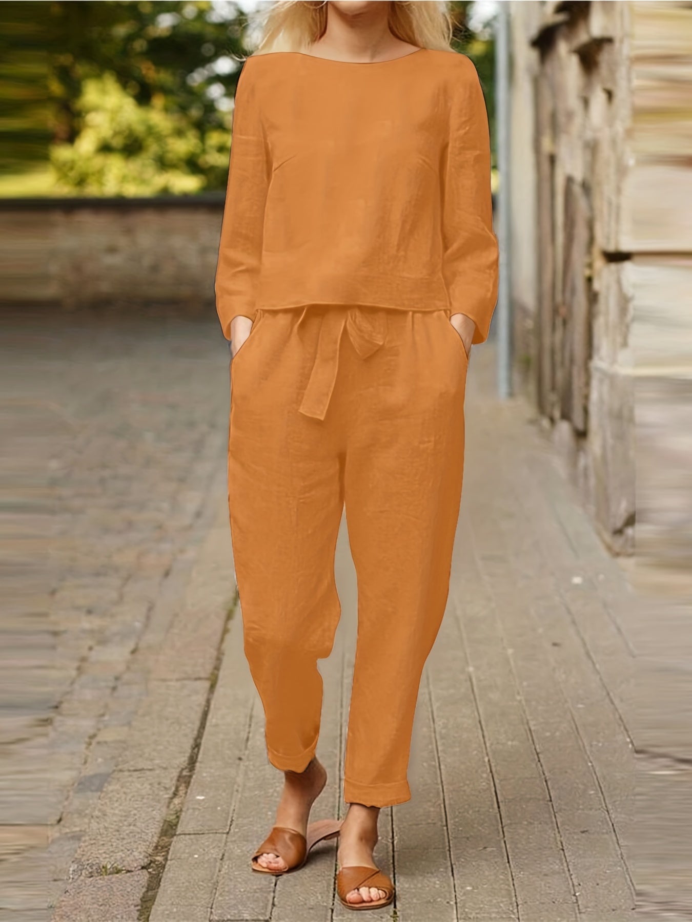 2-Piece Set: Solid Long Sleeve Top & Tapered Leg Pants