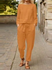 2-Piece Set: Solid Long Sleeve Top & Tapered Leg Pants