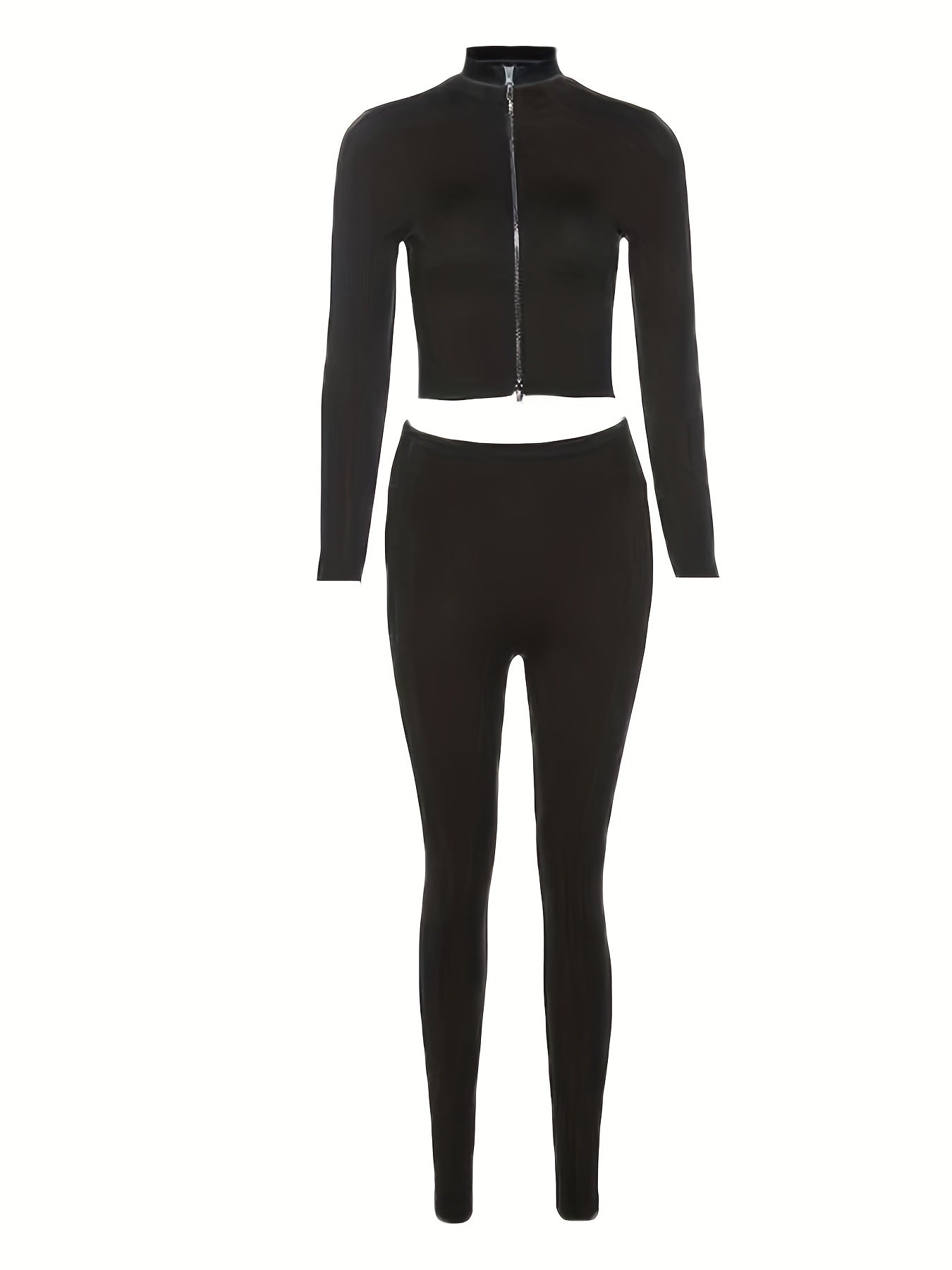 Casual Matching Two Piece Set Zip Up Slim Top & High Waist Pants Outfits