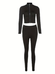 Casual Matching Two Piece Set Zip Up Slim Top & High Waist Pants Outfits