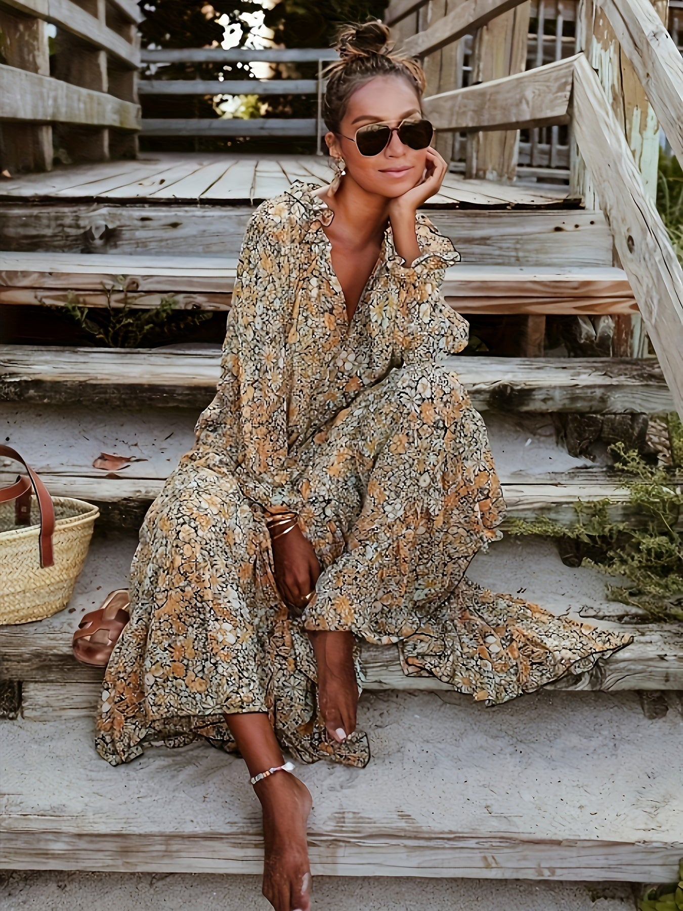 Boho Floral Print Lantern Sleeve Maxi Dress