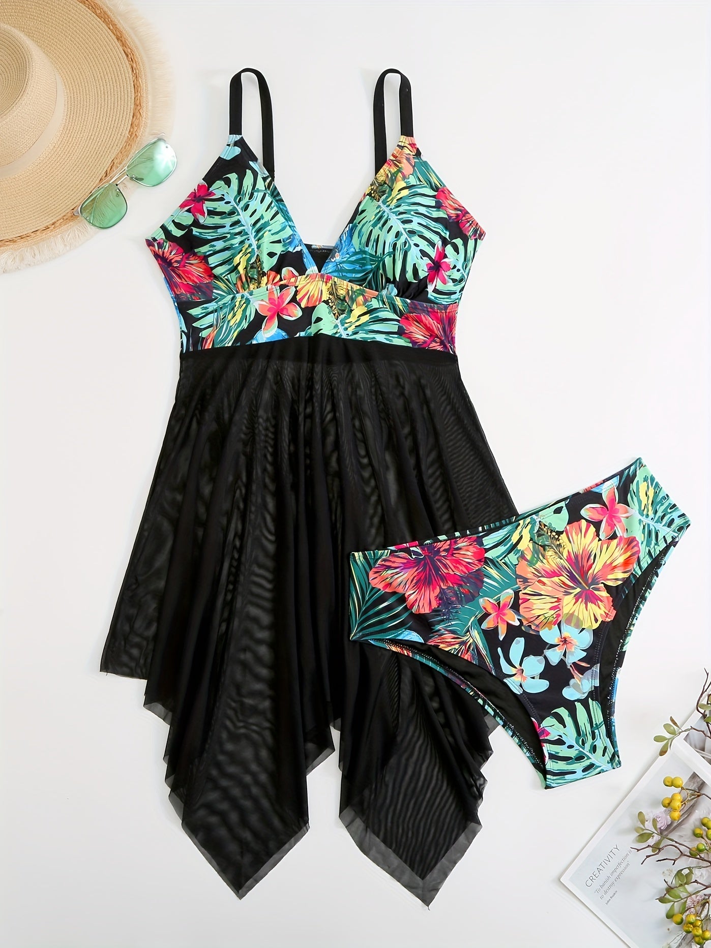 Floral Print Mesh Bikini Set Women's Plus High Stretch Swimsuit