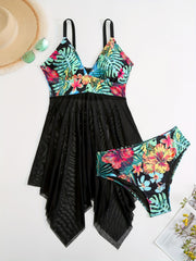 Floral Print Mesh Bikini Set Women's Plus High Stretch Swimsuit