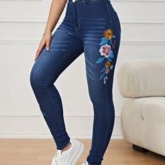 Dark Floral Embroidery Denim Slim Fit High Waist Skinny Jeans