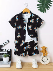 2pcs Boys Bear Print Short Sleeves Shirt & Shorts Set