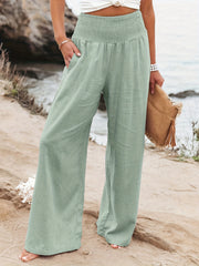 Solid Elastic Waist Wide Leg Pants for Women