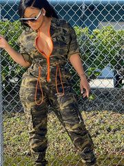 Camo Print Zip Jumpsuit Half Sleeve Long Length Slim Waist Women's Clothing