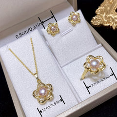 Faux Pearl Flower Pendant Necklace Earrings Rings Set
