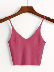 Ribbed Crop Cami Top Backless Slim Spaghetti Strap Crop Top