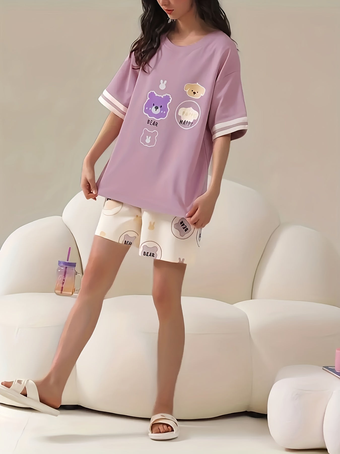 Animal Print Pajamas Set Short Sleeve Crew Neck Top & Shorts Pj Set