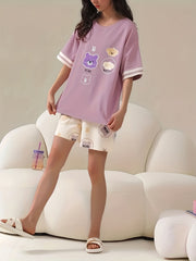 Animal Print Pajamas Set Short Sleeve Crew Neck Top & Shorts Pj Set