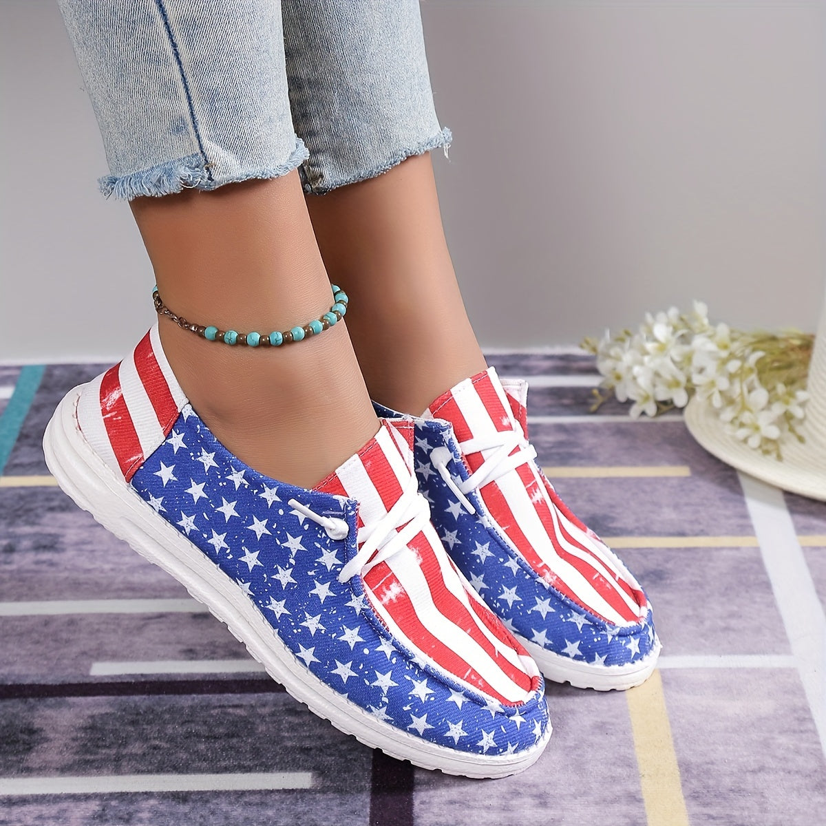 Women's Star & Striped Canvas Shoes Casual Lace Up Outdoor Lightweight Sneakers