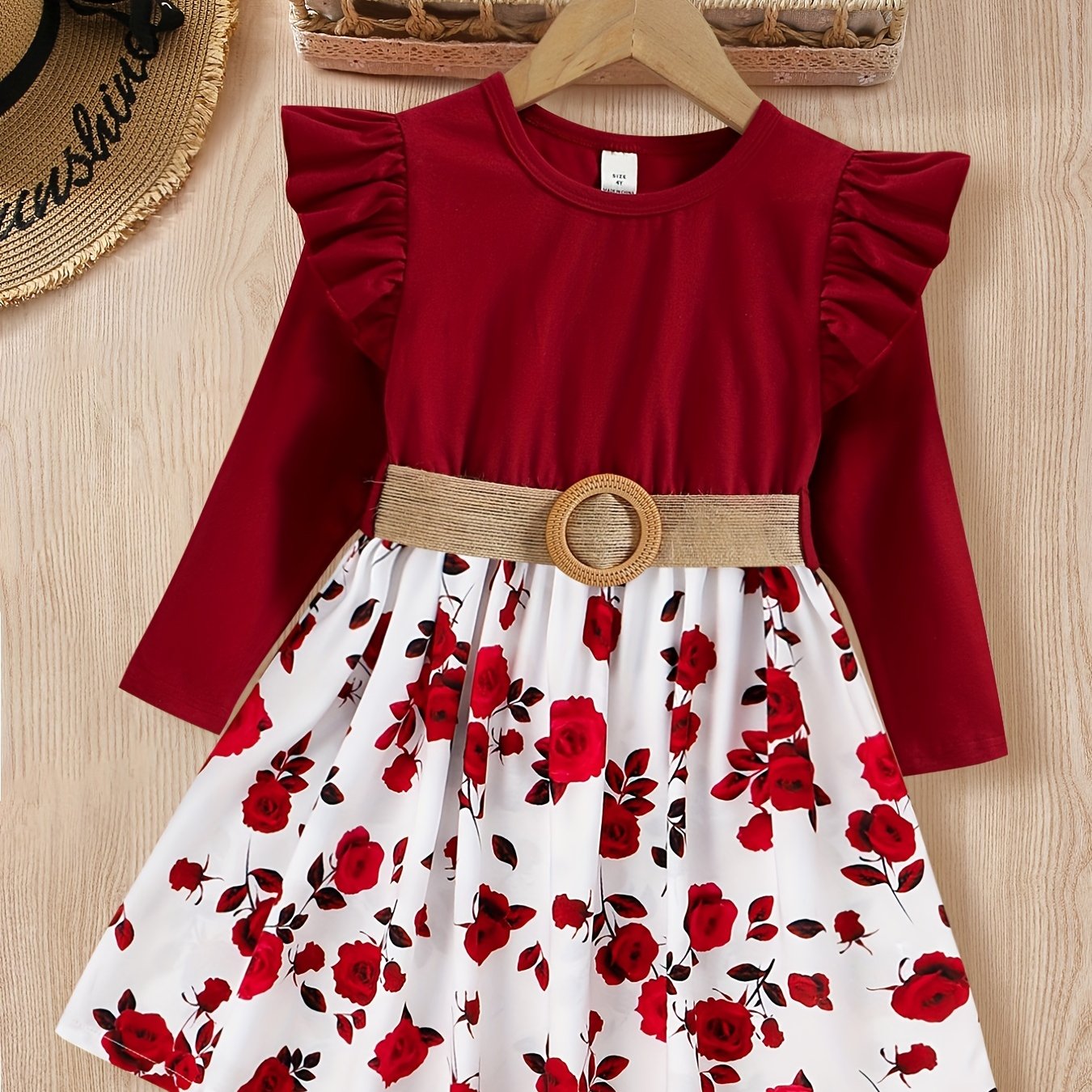 Girls' Rose Floral Frill Trims Long Sleeve Casual Dress