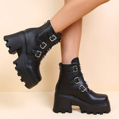 Stylish Rivets Combat Boots with Buckle Strap Chunky Heel Motorcycle Boots
