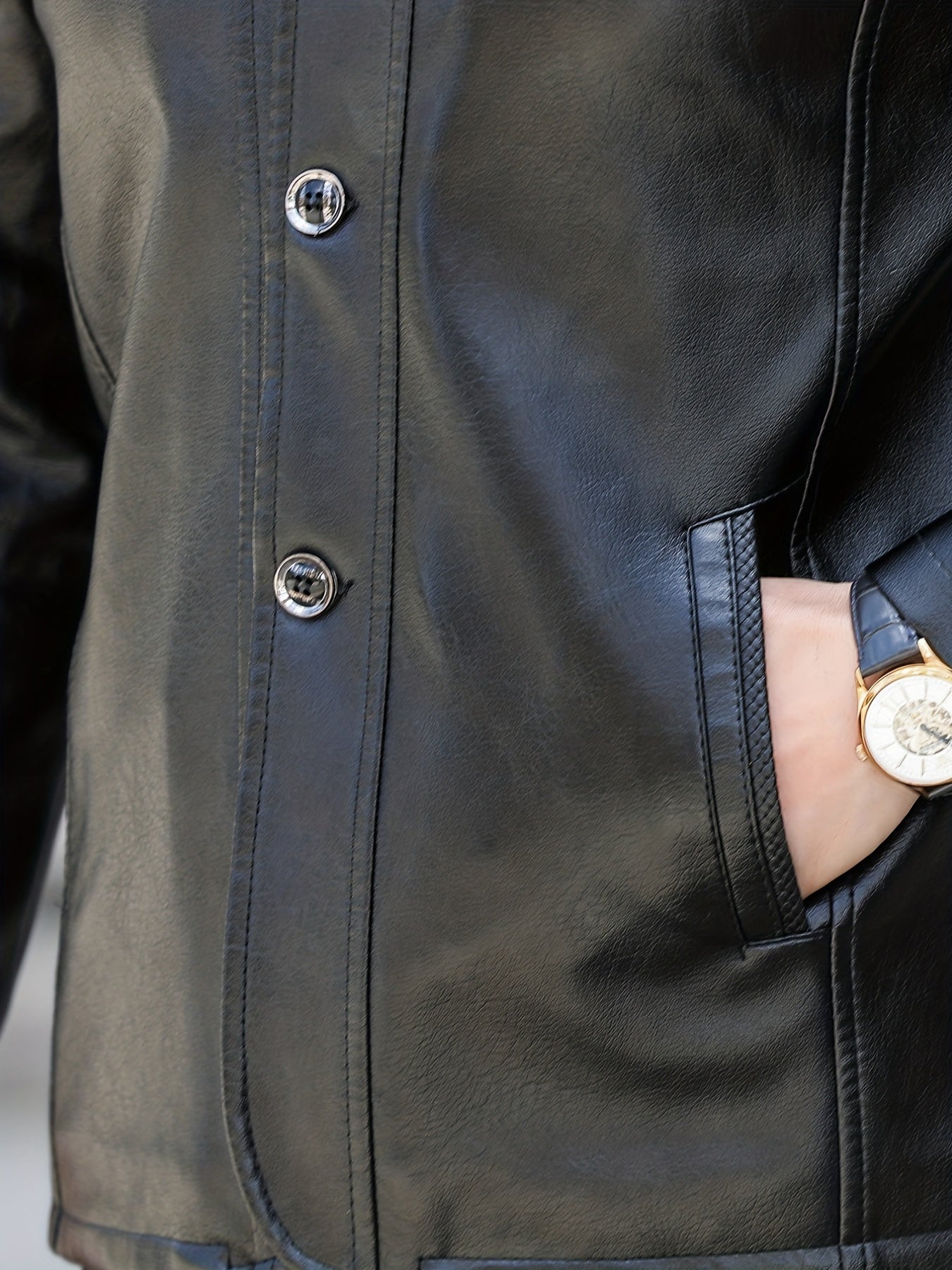 Men's Fleece PU Leather Jacket Button Up Fur Collar Warm Winter Coat