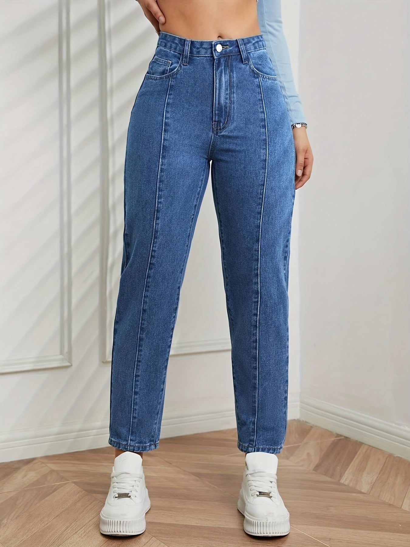 Solid Pintuck Tapered Jeans High Rise Slash Pocket Denim Pants