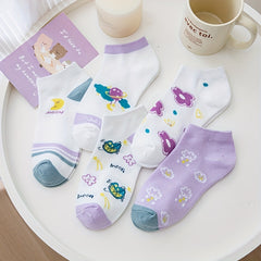 5 Pairs Floral Print Socks & Lightweight Low Cut Ankle Socks
