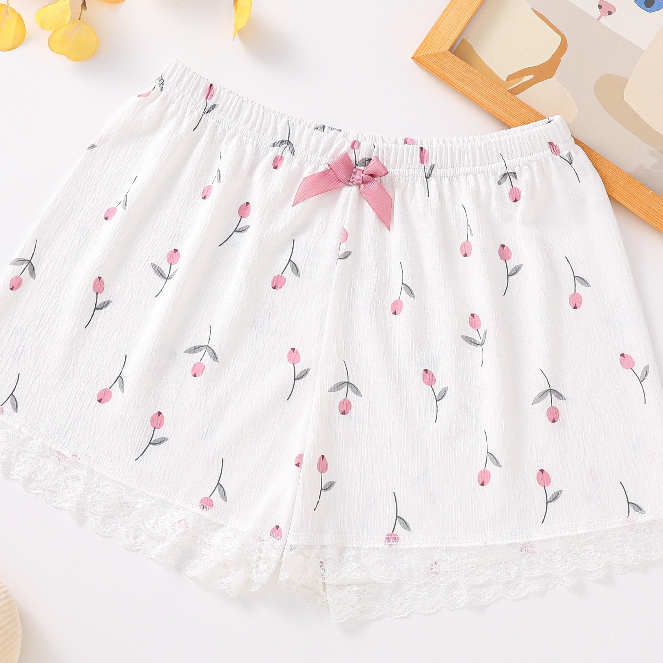 Floral Print Lace Trim Bow Shorts Soft & Comfy Sleepwear