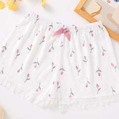 Floral Print Lace Trim Bow Shorts Soft & Comfy Sleepwear