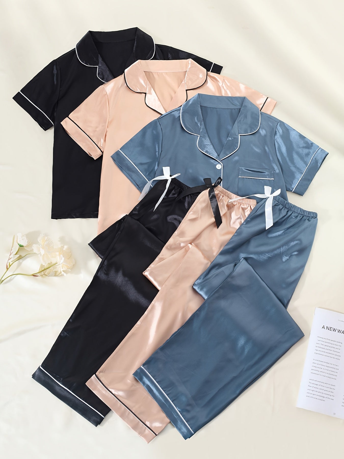 Solid Satin Pajamas Set Short Sleeve Buttons Top & Bow Pants