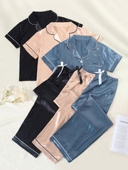Solid Satin Pajamas Set Short Sleeve Buttons Top & Bow Pants
