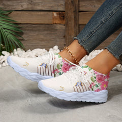 Women's Flower & Butterfly Platform Sneakers Breathable Mesh Lace Up Shoes