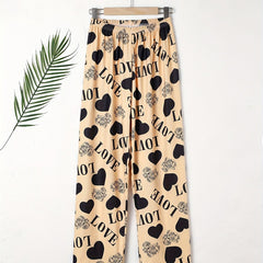 Heart Print Sleep Bottom Cozy Elastic Waist Long Pants