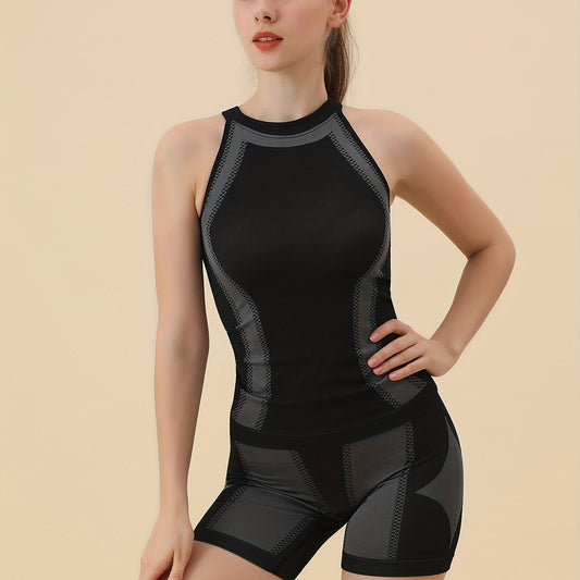 2 Pcs Round Neck Yoga Sets High Stretch Tummy Control Fitness Suit