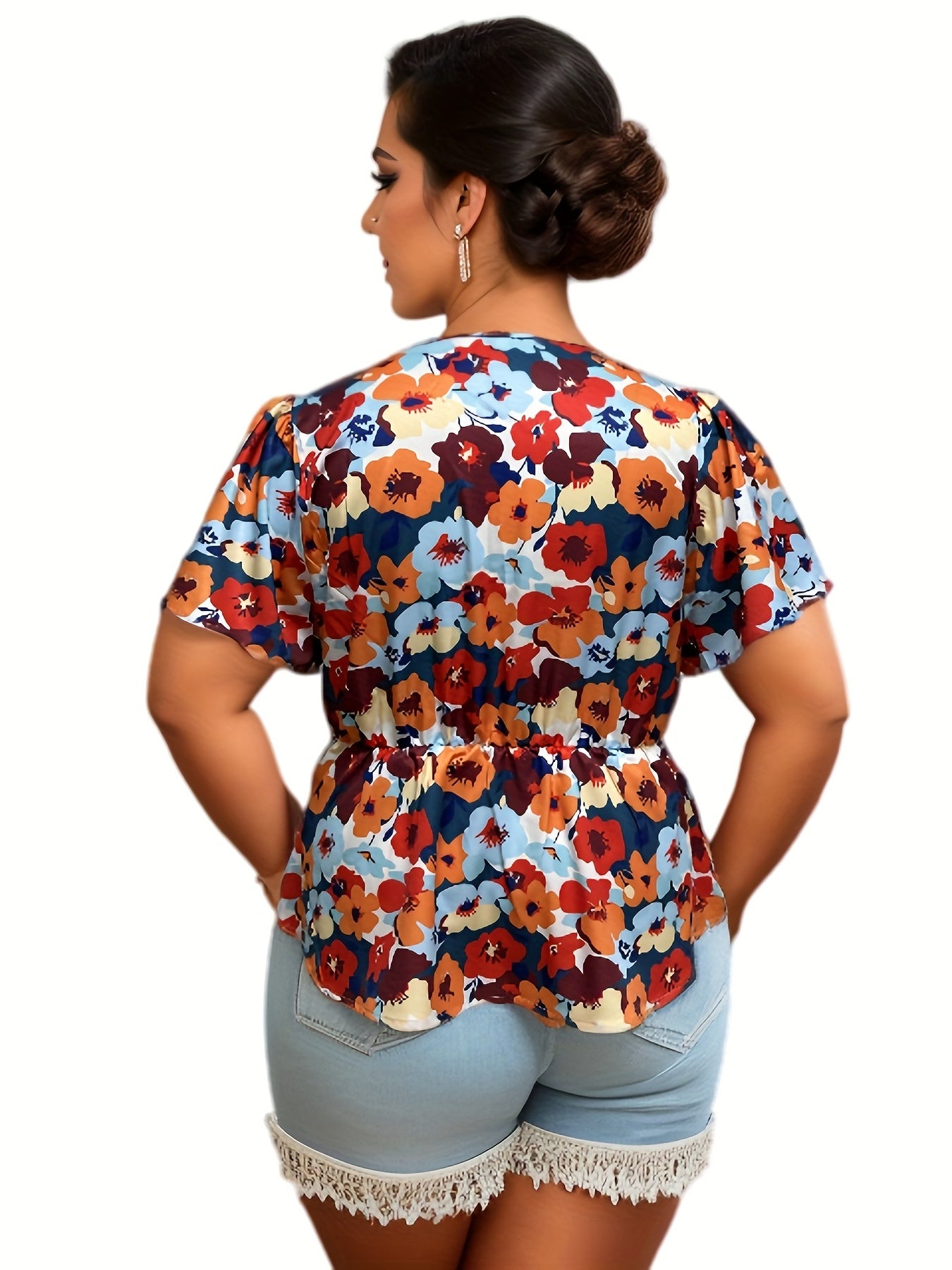 Plus Floral Print Ruffle Sleeve Blouse