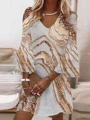 Marble Print Flared Sleeve Dress V Neck Loose Midi Dress